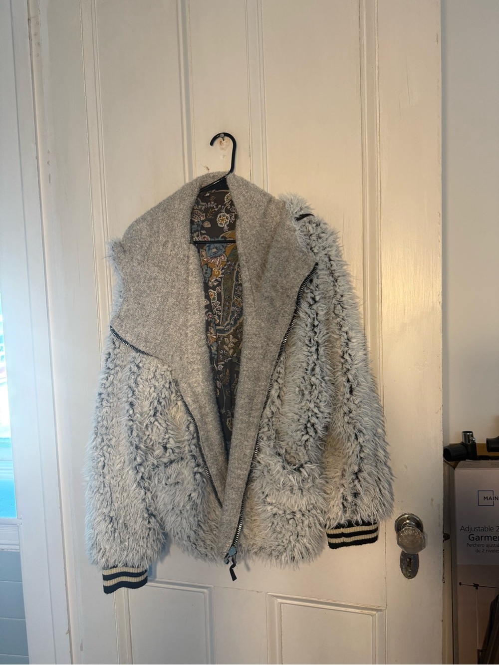 Free People Light Gray Faux-Fur Hooded Teddy Jacket